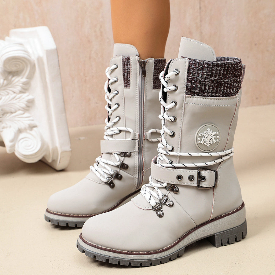 light gray boots with mid-calf and lace-up, zip-front, buckle