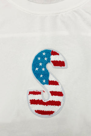 White t-shirt with embroidered USA flag letter S detail