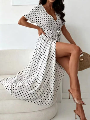 Red Polka Dot Surplice Maxi Dress With Slit