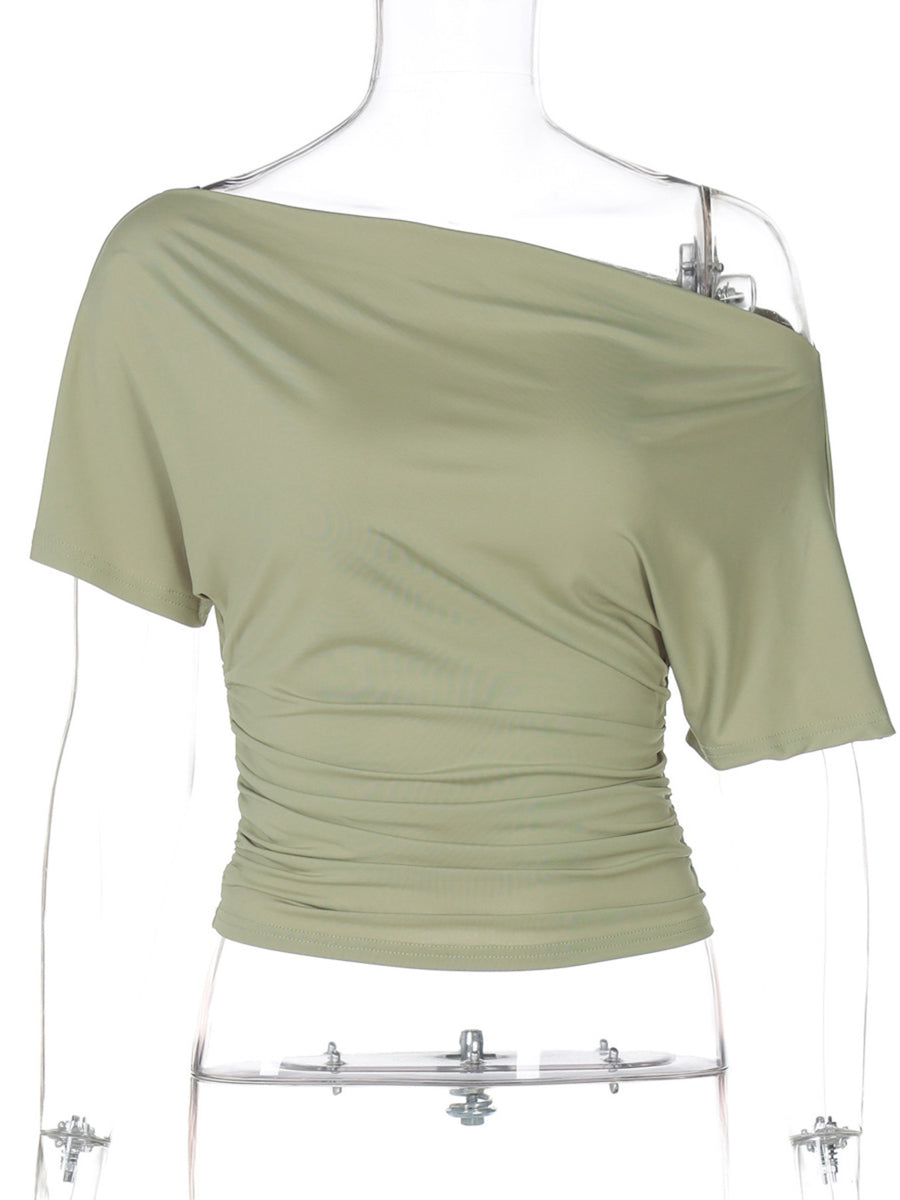 Sage ruched one shoulder t-shirt with asymmetrical neckline and short sleeves.