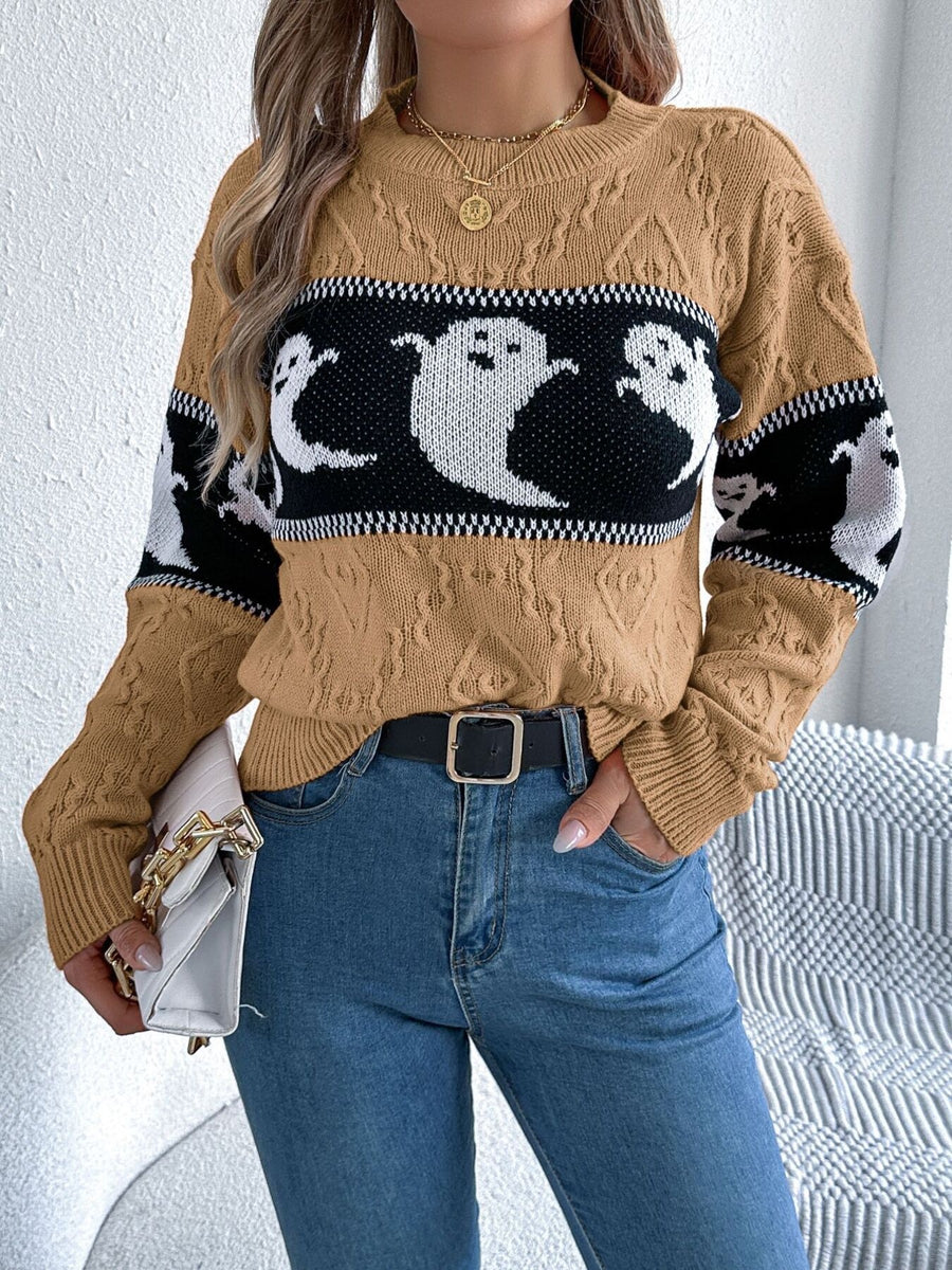 Halloween Ghost Pattern Textured Sweater in white