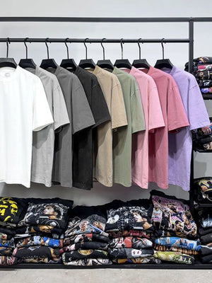 Oversized pigment-dyed crewneck tees in Gray, Black, Khaki, Matcha Green, Pink, Lavender and more.