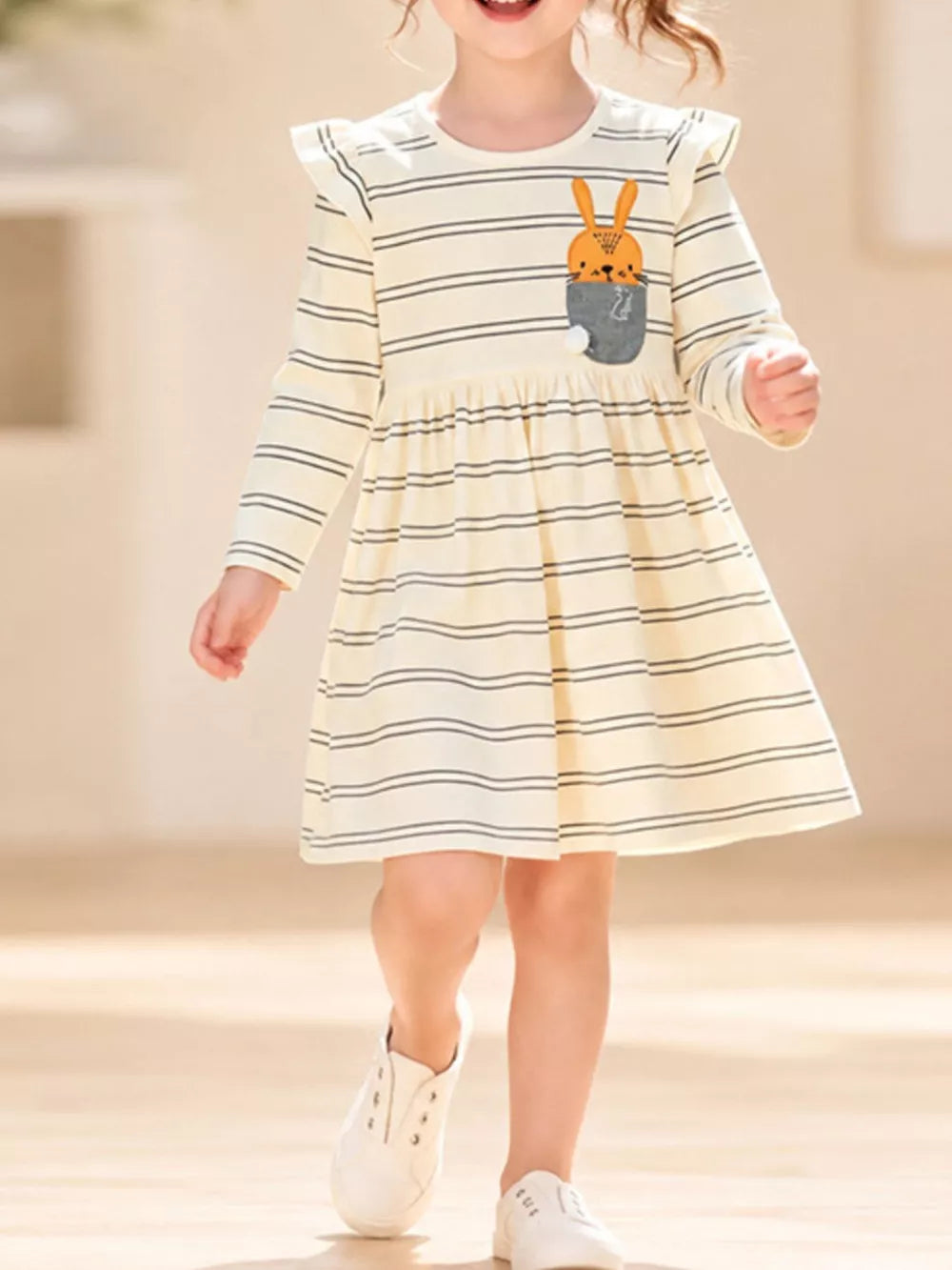 cream A-line dress with striped and round neck