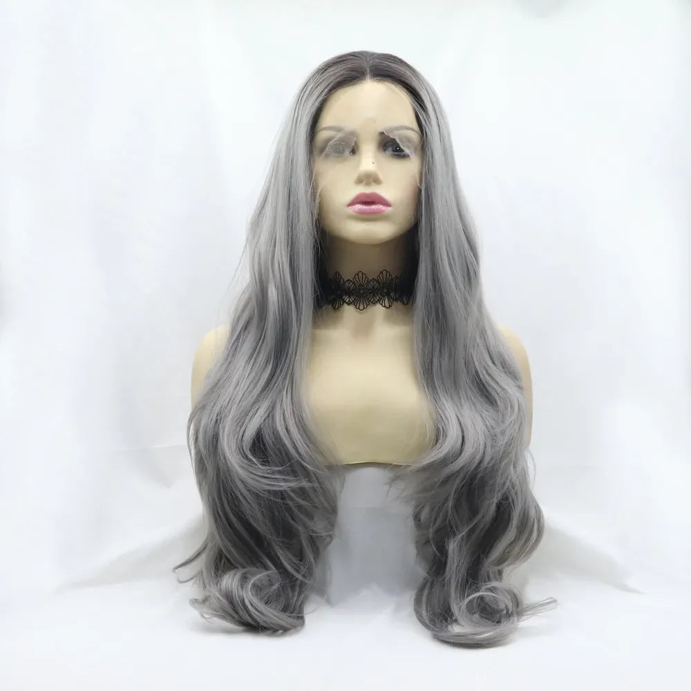 Smokey ombre lace front wig in grey with loose waves and a lace choker.