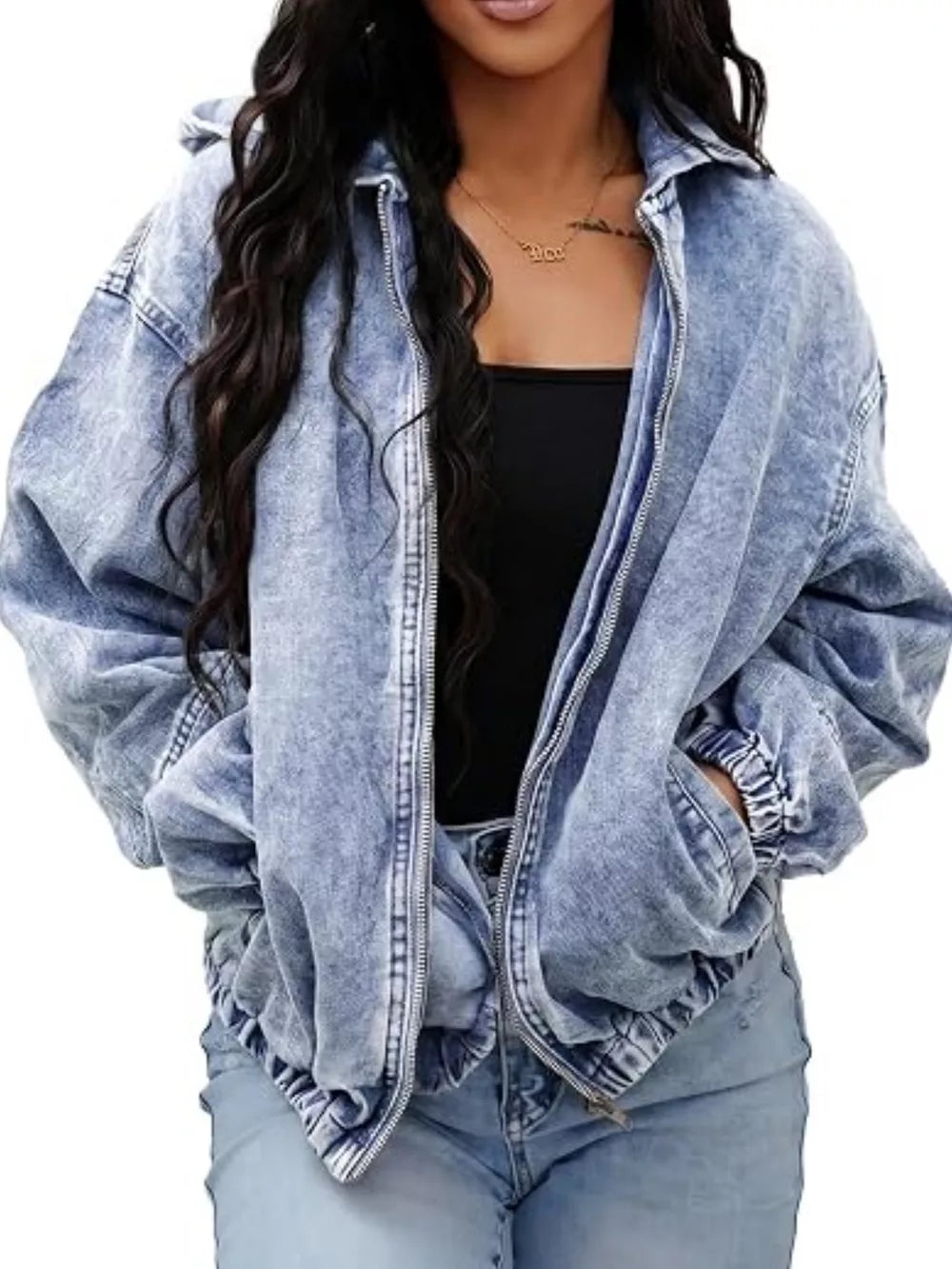 Sky Blue denim jacket with hip-length and zip-front