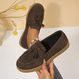 Tassel Suede Loafers With Flat Sole in dark brown with tassels