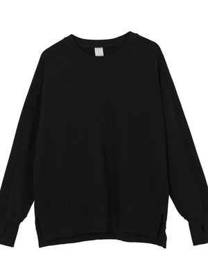 Black oversized sweatshirt with raw-edge seams and crewneck.