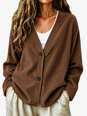 Khaki Casual Corduroy Button-up Cardigan