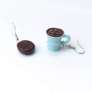 Coffee bean and pastel blue cup drop earrings with coffee detail.