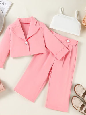 Pink toddler cropped blazer and wide-leg pants set with white ribbed cami.