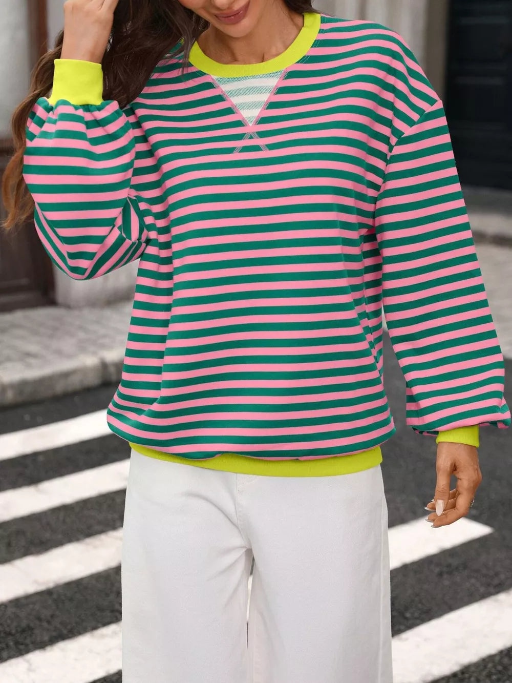 Blue Purple sweatshirt featuring seam detail and striped