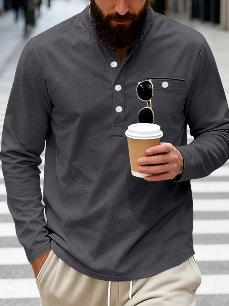 Light gray long sleeve band collar overshirt with button detail and chest pocket.