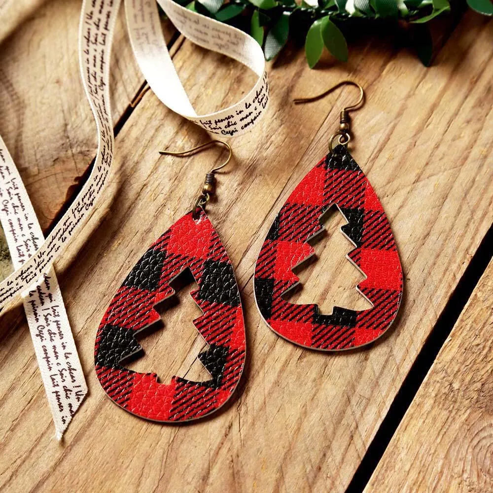 Plaid teardrop earrings with tree cutouts and bronze hooks