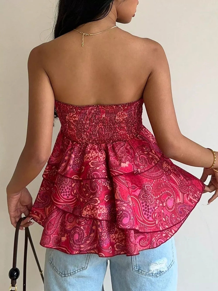 Smocked Layered Paisley Print Tube Top option 7