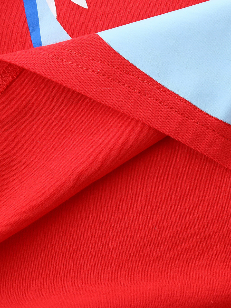 Red cotton t-shirt with blue and white graphic detail and double-stitched hem.