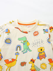 Children's beige crew neck t-shirt with a fun animal print featuring superheroes like a crocodile, koala, and ostrich.