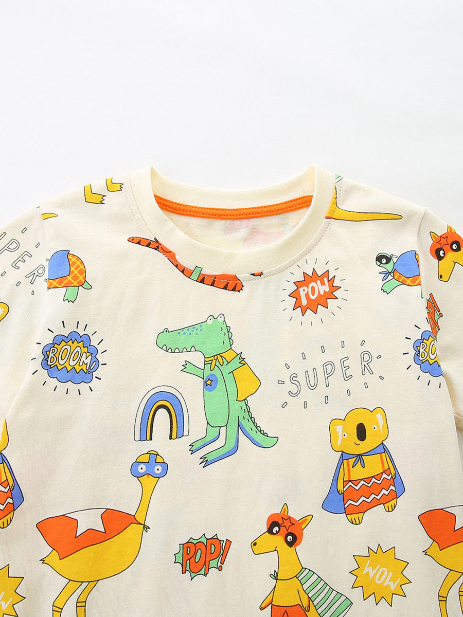 Children's beige crew neck t-shirt with a fun animal print featuring superheroes like a crocodile, koala, and ostrich.
