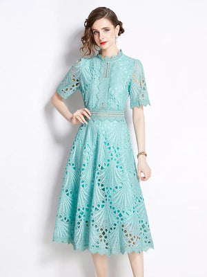 Light apricot lace midi dress with delicate sleeves and a-line cut