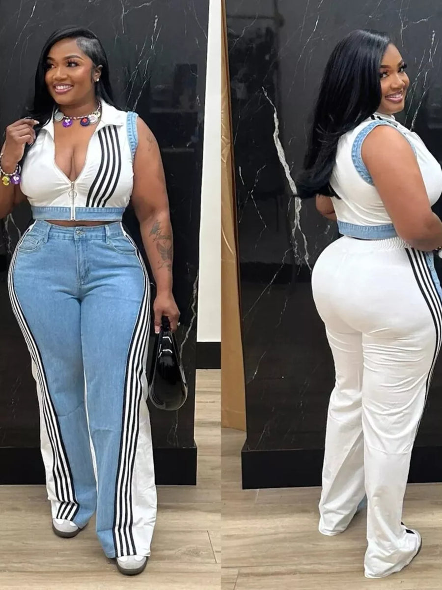 Chic zip-front crop top and wide-leg pants set with side stripes.