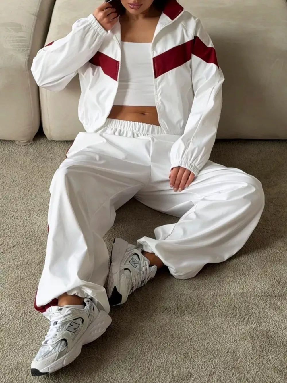 White tracksuit set with zip-front and color-block