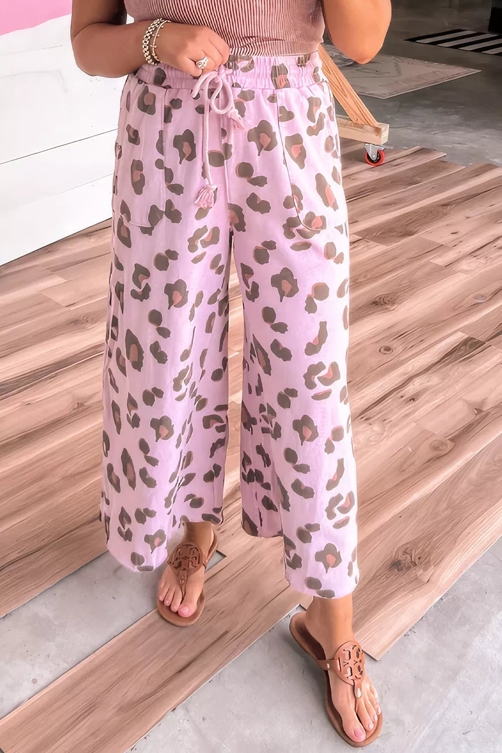 Dusty Pink Drawstring Leopard Print Patch Pocket Pants