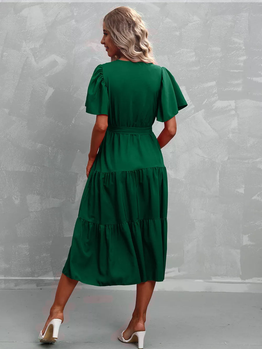 Dark green midi tiered dress with flutter sleeves and belt