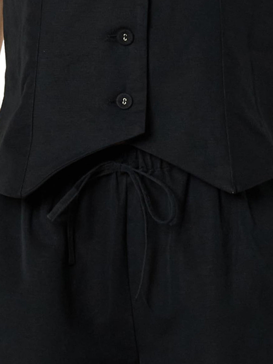 Black linen vest & drawstring shorts set with button detail