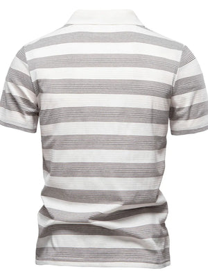Textured stripe polo shirt in ivory with a classic collar and short sleeves.