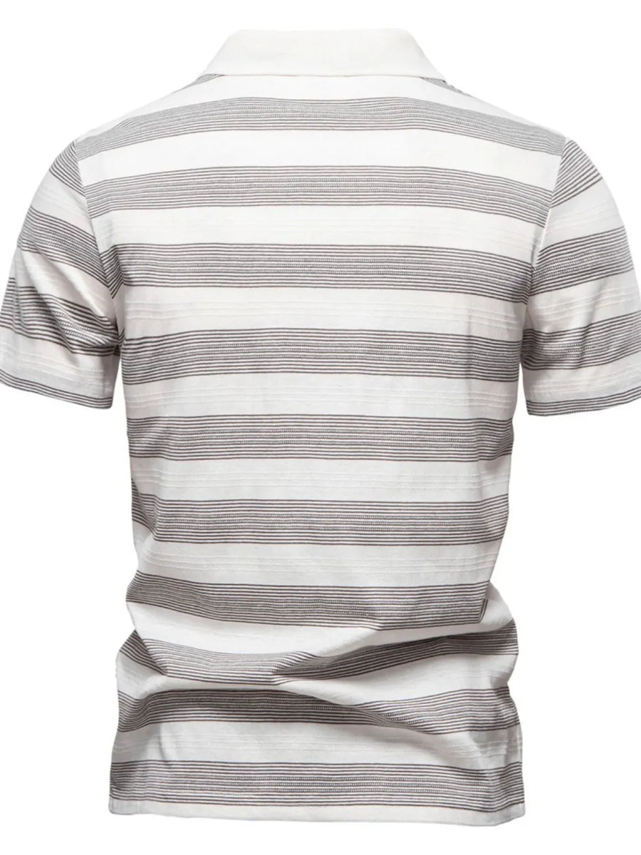 Textured stripe polo shirt in ivory with a classic collar and short sleeves.