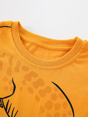 Toddler orange crewneck t-shirt with playful alligator print and dotted texture detail.