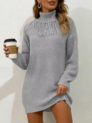 Black Full Size Turtleneck Fringe Sweater Dress