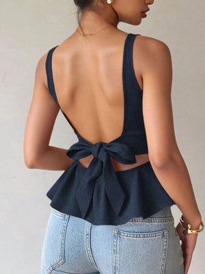 peplum top in Black with backless and waist-length