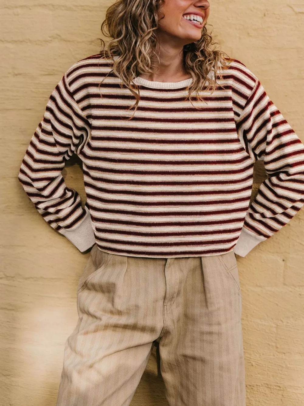 pullover sweater featuring striped in beige with 100% polyester Care instructions: Machine wash cold texture