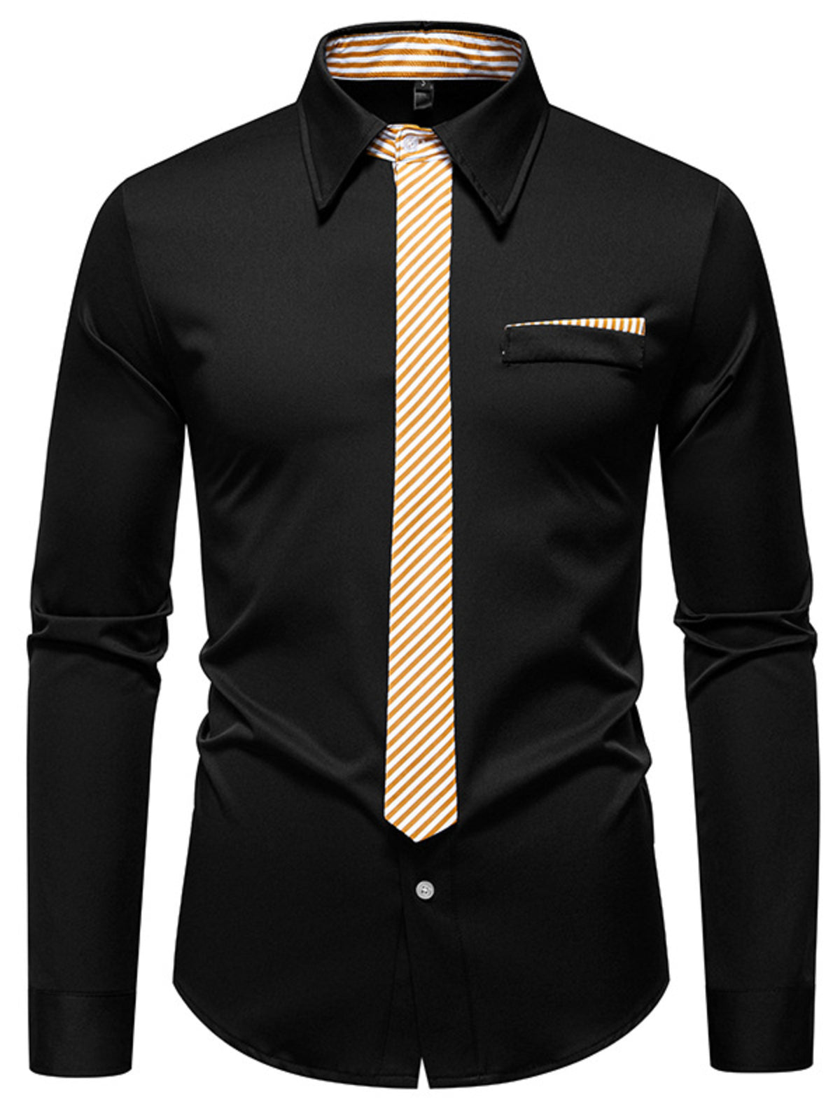 Men's black button-up shirt with striped tie detail and pocket