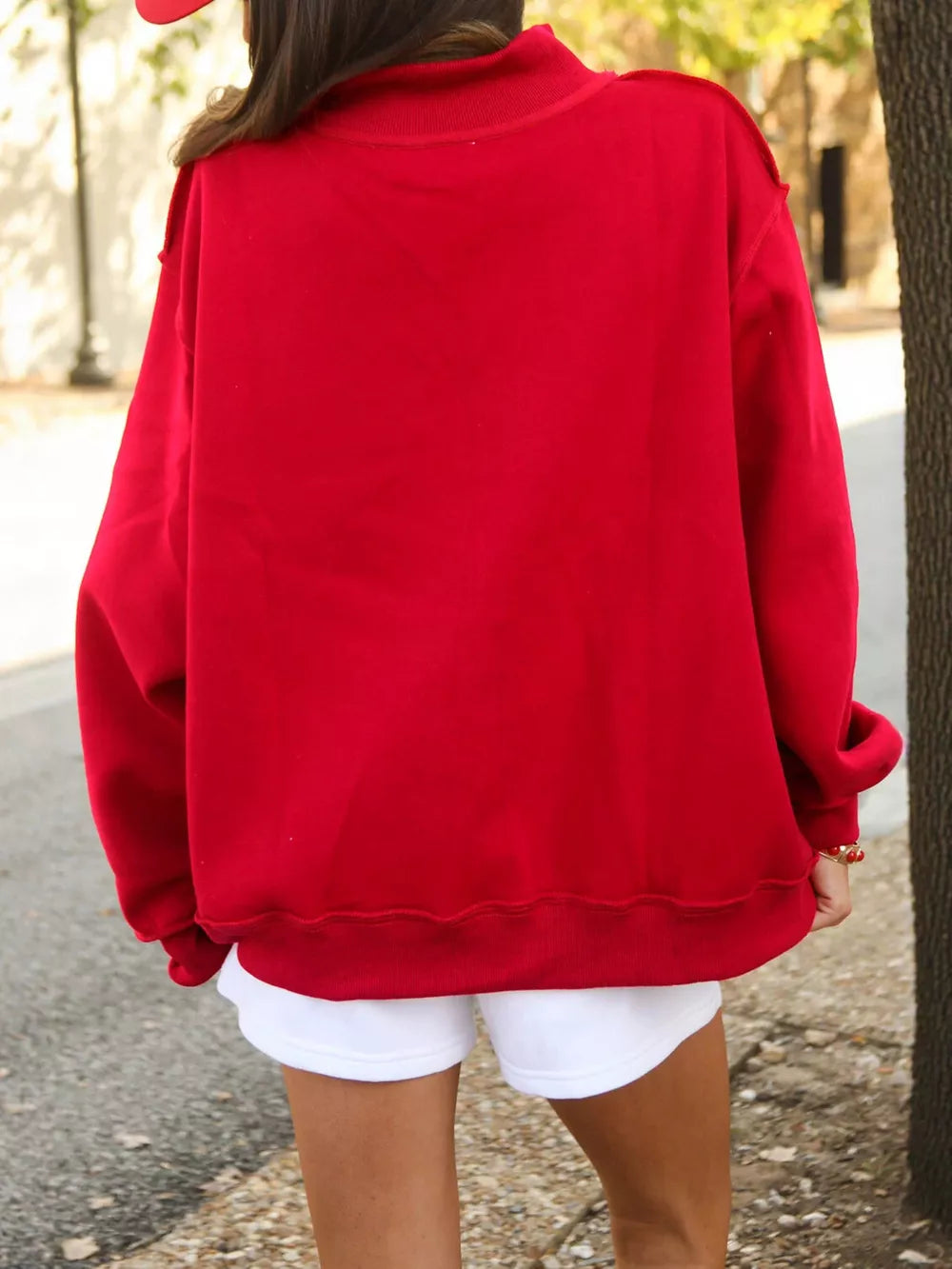 red oversized sweatshirt with mock neck