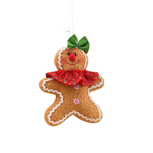 Gingerbread man holiday ornament with red collar and green bow.