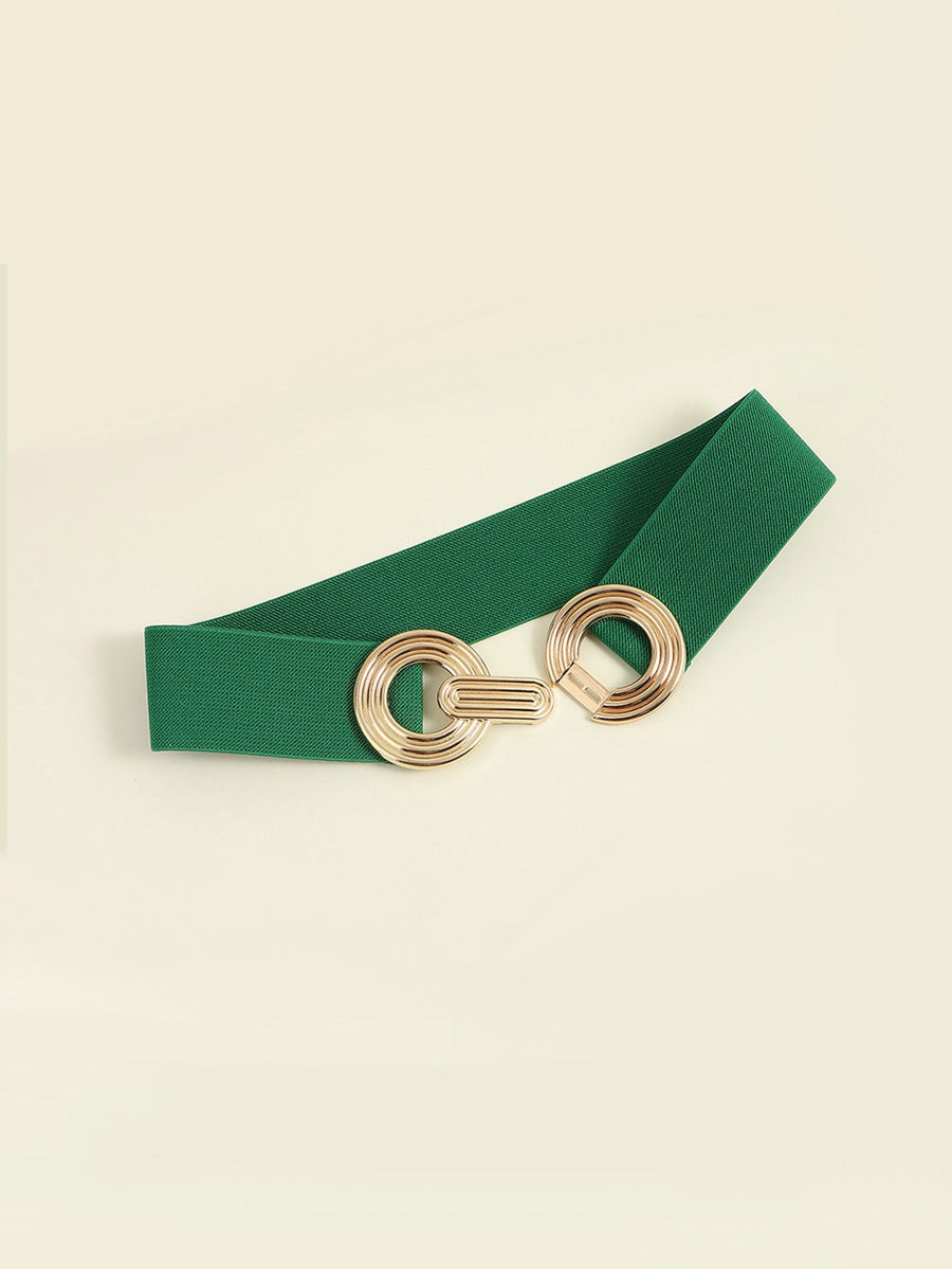 Green interlocking circle stretch belt with gold alloy buckle detail