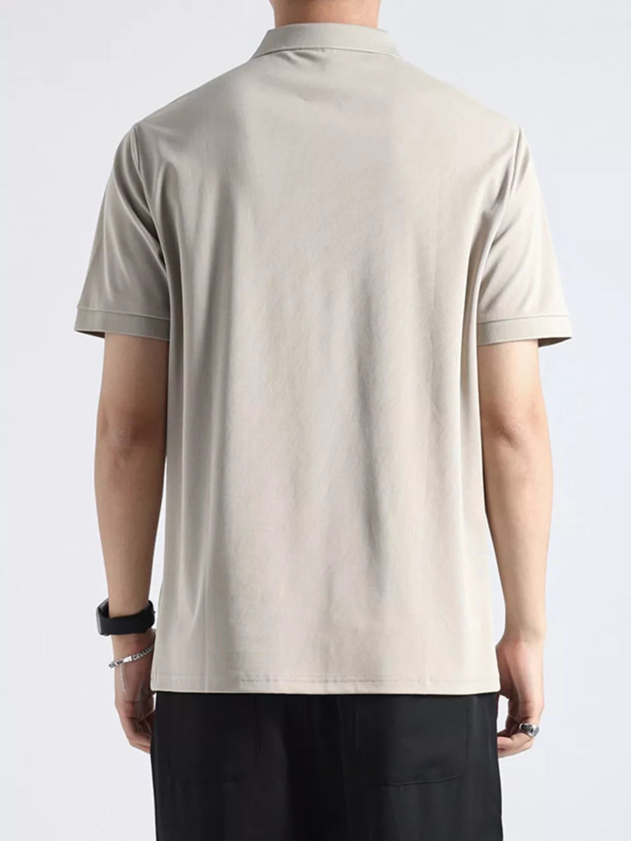 Light gray textured casual polo shirt with button accents and short sleeves.