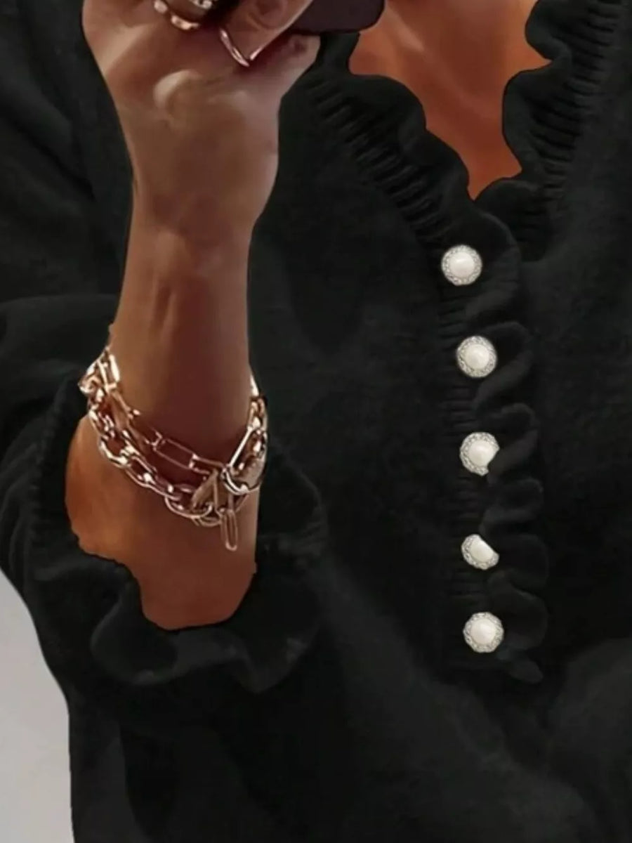 Ruffled Pearl Button Sweater in Black