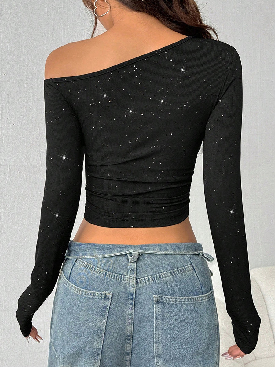 glam one-shoulder top in Black with one-shoulder