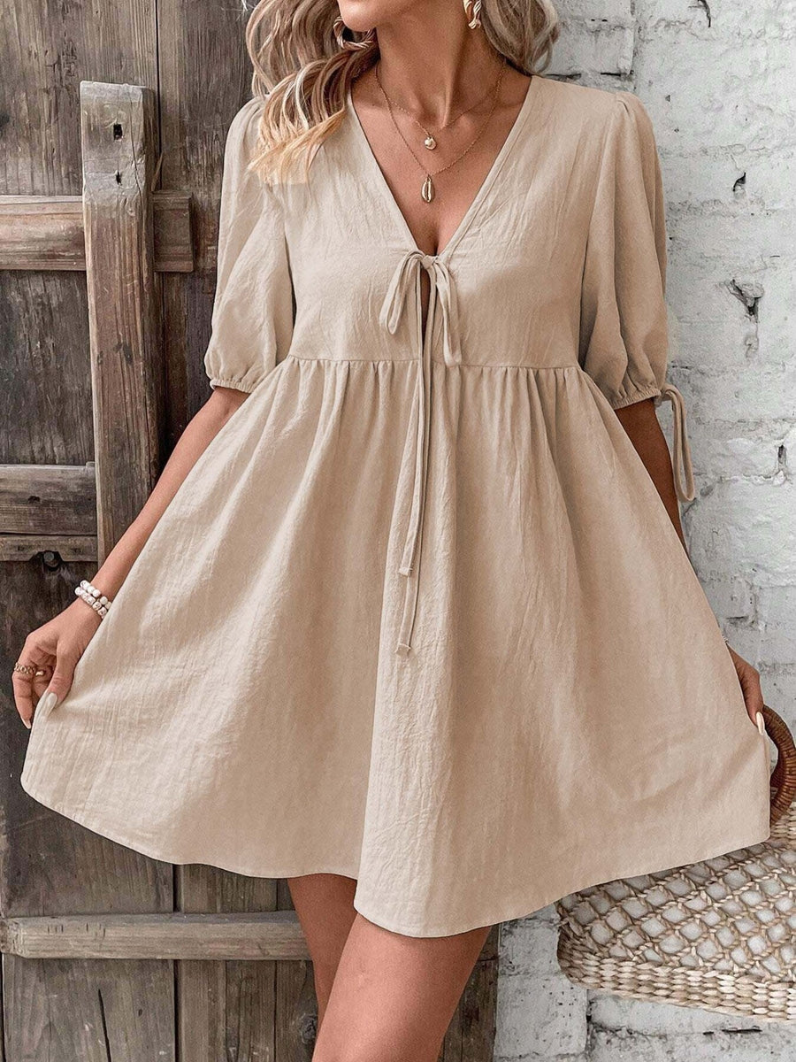 Khaki tie front puff sleeve mini dress with adjustable sleeve ties