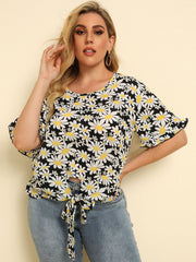 Daisy print blouse with ruffle sleeves and front knot tie