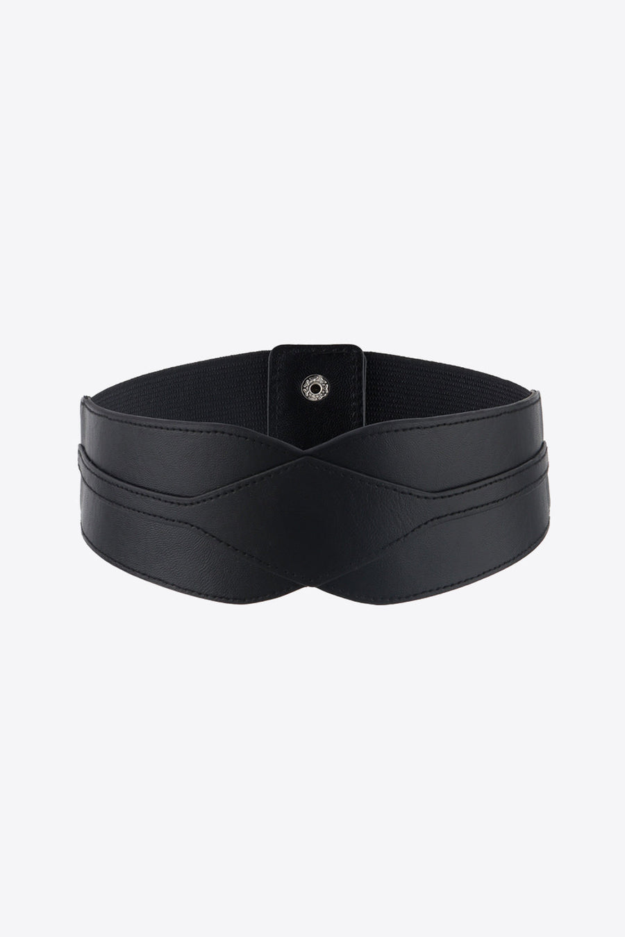 Black elastic belt with sculpted faux leather overlay and snap closure