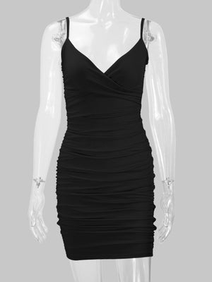 V-Neck Mini Ruched Dress in Black with twisted