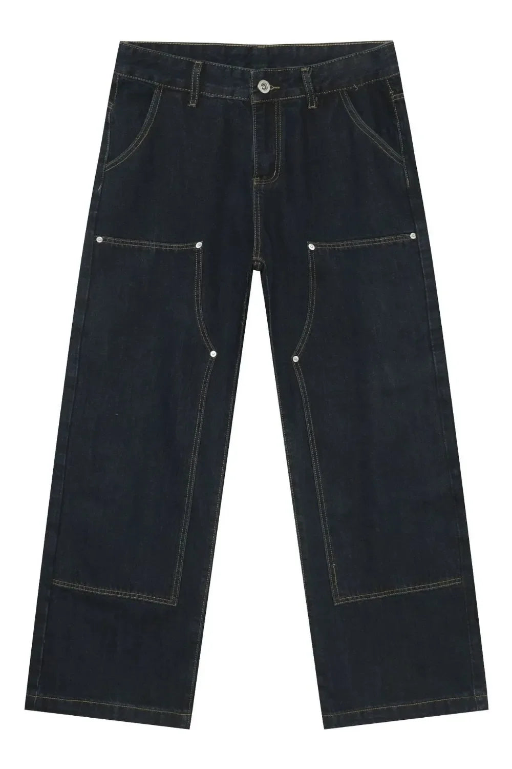 Dark wash denim carpenter pants with a wide, relaxed fit and contrast stitching.