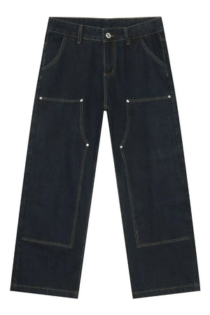 Dark wash denim carpenter pants with a wide, relaxed fit and contrast stitching.