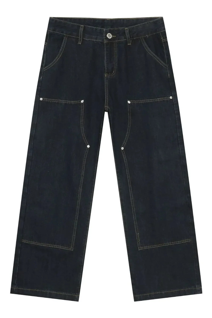 Dark wash denim carpenter pants with a wide, relaxed fit and contrast stitching.
