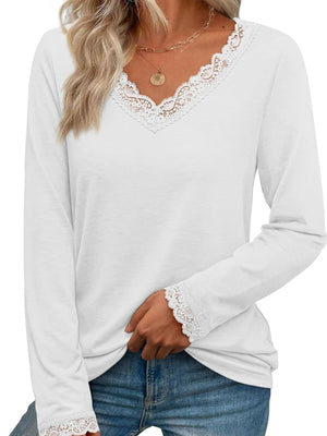 White long sleeve t-shirt with lace trim V-neck and cuffs.