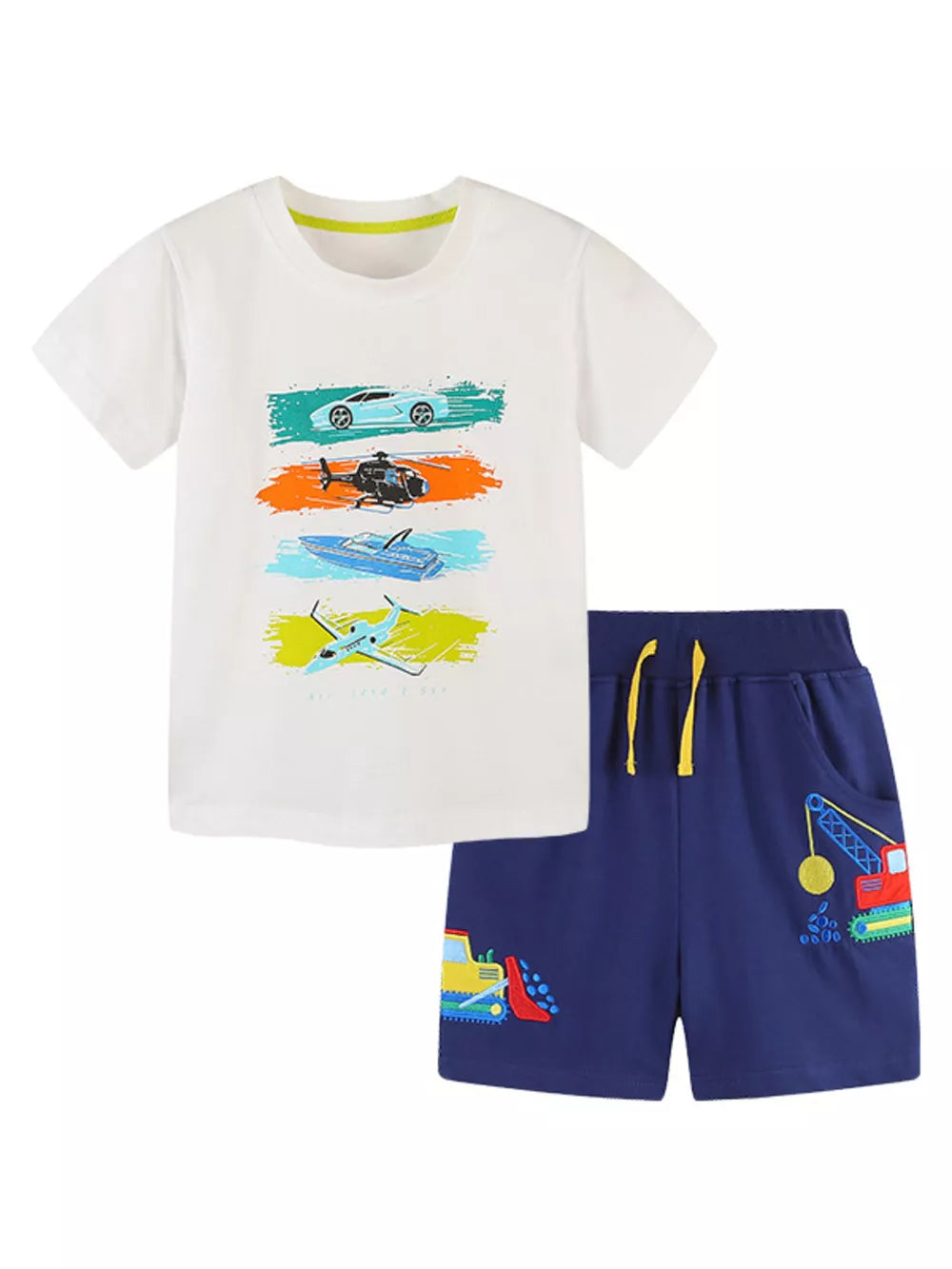 Toddler boys' white cotton t-shirt and navy shorts set with vehicle prints.