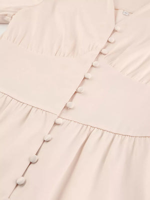 Black Elegant V-neck Puff Sleeve Button-down Midi Dress